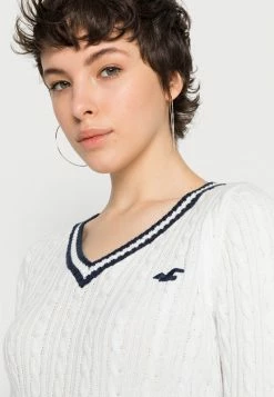 Hollister Co. ICON CABLE V NECK - Strickpullover - White/navy Tipping | Damen -Hollister Co Verkäufe 2022 589fd3d542e84e41aeb2e995e0cba211