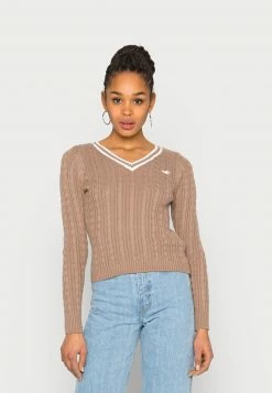 Hollister Co. ICON CABLE V NECK - Strickpullover - Portabella Tipped | Damen